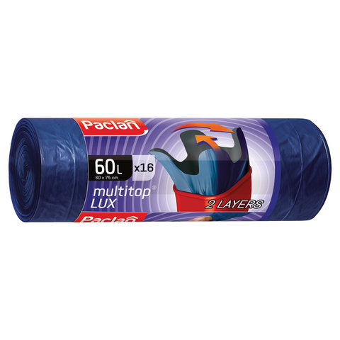 превью Мешки для мусора 60 л, с ушками, синие, рулон 16 шт., ПВД, 30 мкм, 60×75 см, PACLAN «Multitop Lux»