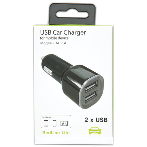 Зарядное устройство автомобильное, RED LINE AC-1A, кабель для IPhone (iPad) 1м, 2 порта USB, выходной ток 1 А, черное