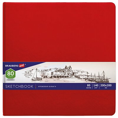 Скетчбук, слоновая кость 140 г/м2 200×200 мм, 80 л., КОЖЗАМ, резинка, BRAUBERG ART CLASSIC, красный