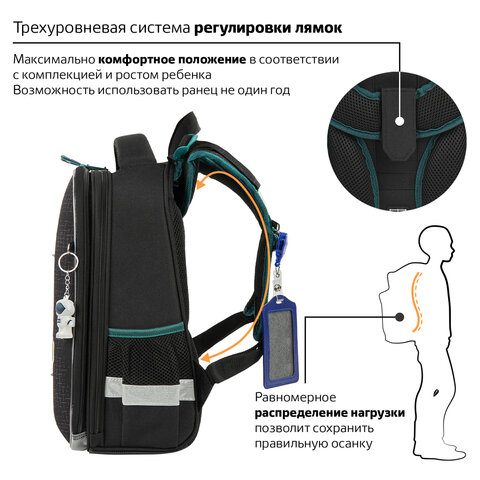 Ранец BRAUBERG PREMIUM, 2 отделения, с брелком, «Space mission», LED ЛАМПОЧКИ, 38×29х16 см