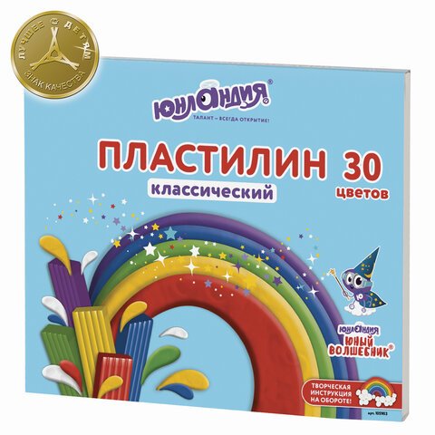 Пластилин классический ЮНЛАНДИЯ «ЮНЫЙ ВОЛШЕБНИК»30 цветов600 гсо стеком, ВЫСШЕЕ КАЧЕСТВО105903