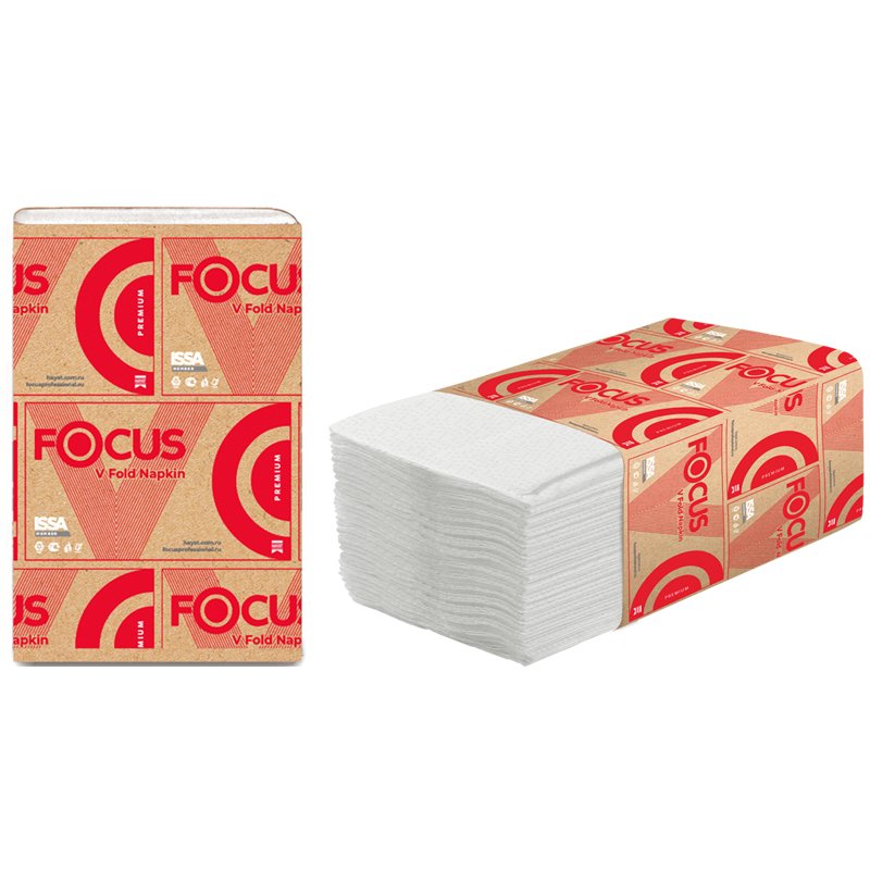 превью Салфетки бумажные диспенсерные Focus Premium (V-сл), 2-сл., 200л/пач. 16.8×23см, тисн., белые