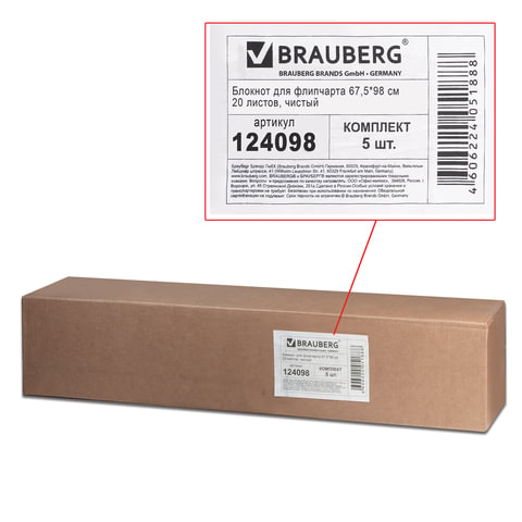 Блокноты для флипчарта BRAUBERG, комплект 5 шт., 20 л., чистые, 67,5х98 см, 80 г/м2