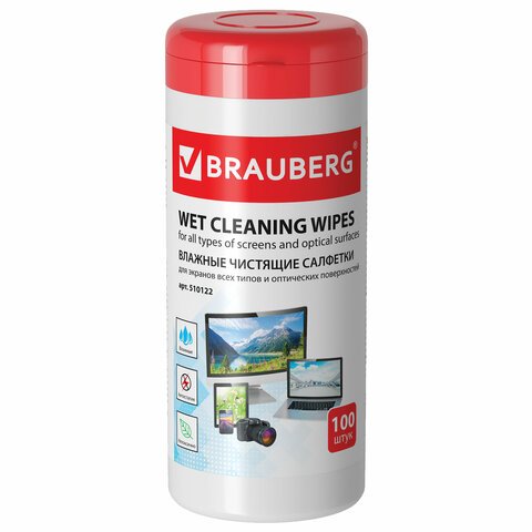 превью Чистящие салфетки BRAUBERG для экранов мониторов и оптических поверхностей, влажные, в тубе 100 шт. 