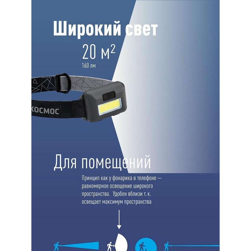 Фонарь налобный светодиодный Космос KOC-H101-COB на батарейках