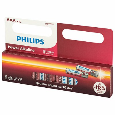 Батарейки алкалиновые «мизинчиковые» КОМПЛЕКТ 12 шт., PHILIPS Power Alkaline, ААА (LR03, 15А), блистер