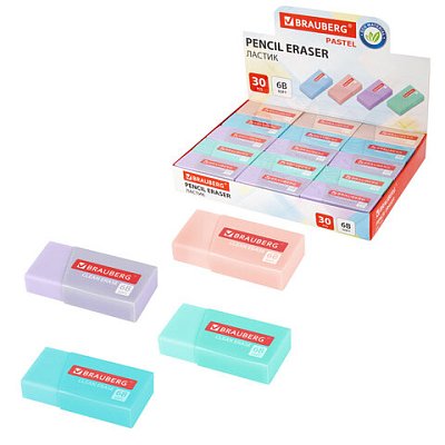 Ластик BRAUBERG «PASTEL MATTE», 50×24х10 мм, прямоугольный, картонный держатель, экологичный ПВХ, ассорти