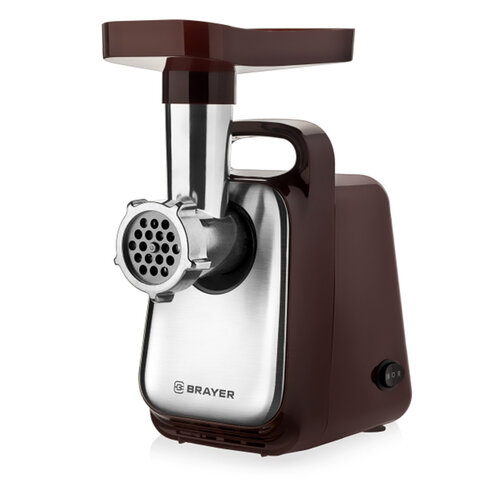 превью Мясорубка BRAYER BR1601, 1300 Вт, производительность 1.5 кг/мин, металлический шнек, реверс, пластик, коричневая/серебро