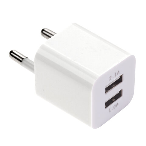 Зарядное устройство сетевое (220В) SONNEN, 2 порта USB, выходной ток 2.1 А, белое, 454797