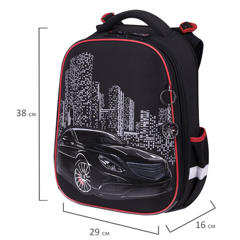 Ранец BRAUBERG PREMIUM, 2 отделения, с брелком, «City car», LED ЛАМПОЧКИ, 38×29х16 см