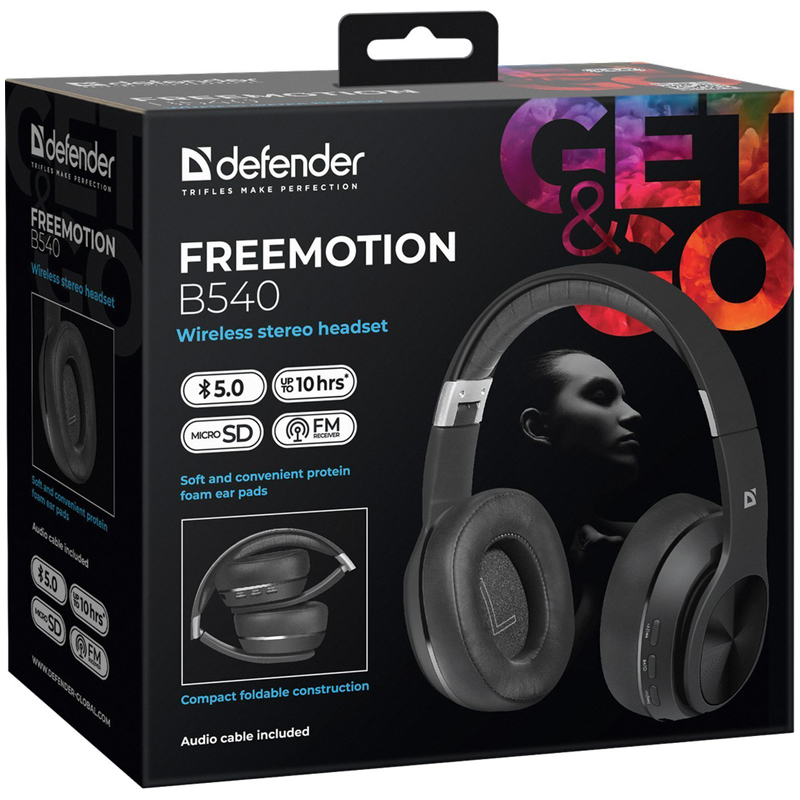 Наушники с микрофоном беспроводные Defender FreeMotion B540, Bluetooth, складные, MicroSD, FM, разъем Micro-USB, черный