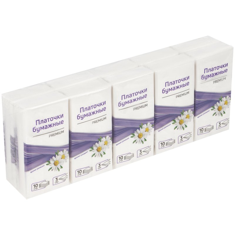 Платки бумажные носовые OfficeClean, 3-слойные, 19×20см, белые, 10 пачек по 10шт., ромашка