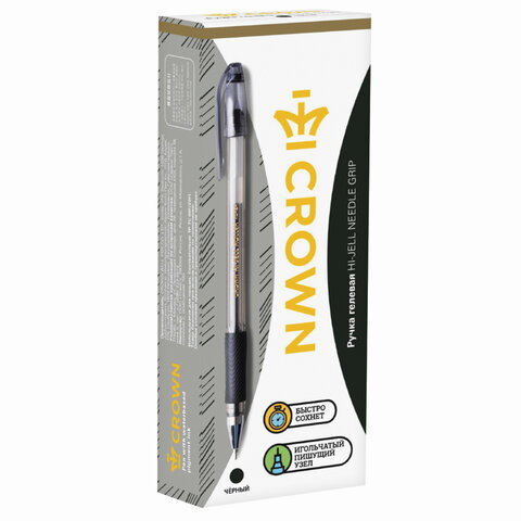 Ручка гелевая с грипом CROWN «Hi-Jell Needle Grip», ЧЕРНАЯ, узел 0.7 мм, линия письма 0.5 мм