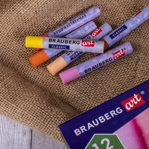 Пастель масляная художественная BRAUBERG ART «CLASSIC», УТОЛЩЕННАЯ, 12 цветов, круглое сечение
