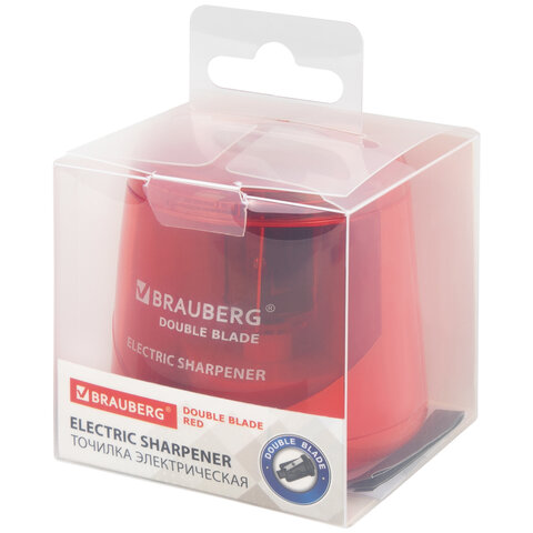 Точилка электрическая BRAUBERG DOUBLE BLADE RED, двойное лезвие, питание от 2 батареек АА