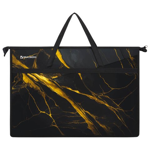Папка для рисунков и чертежей с ручками BRAUBERG А3, пластик, молния сверху, «Black&gold marble»