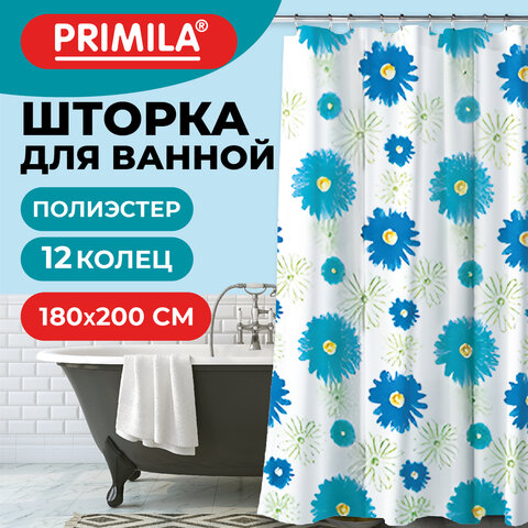 Шторка для ванной ПОЛИЭСТЕР, 180×200см, кольца в комплекте, ЦВЕТЫ, PRIMILA