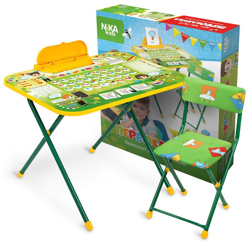 превью Набор складной мебели (стол + стул) Nika kids NK-75/2 «Первоклашка», ламинир. столешница, сиденье мягкое/иск. замша, зеленый