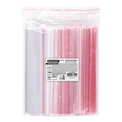 Пакеты ZIP LOCK «зиплок» ОЧЕНЬ ПРОЧНЫЕкомплект 100 шт.15×20 смПВД80 мкмBRAUBERG EXTRA608177