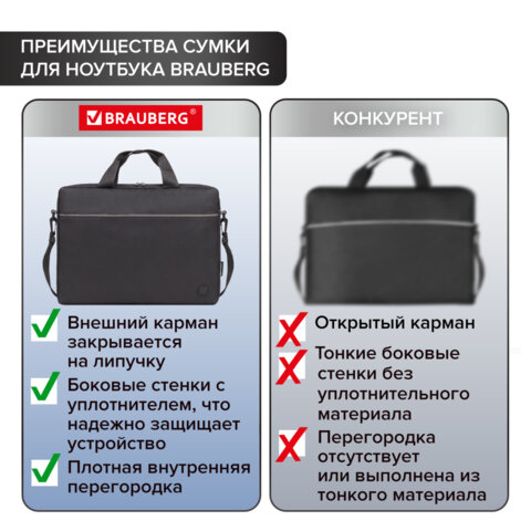 Сумка портфель BRAUBERG PRACTICAL с отделением для ноутбука 15.6", Grey line, черная, 29×40х7 см
