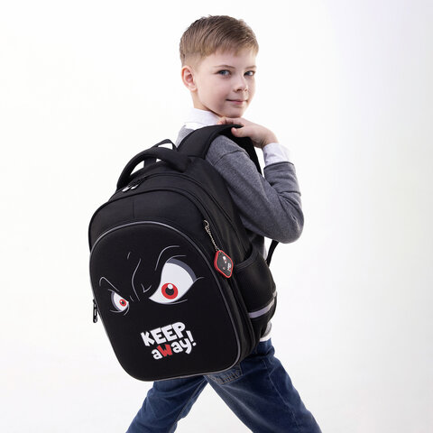 Рюкзак BRAUBERG OPTIMA, 2 отделения, с брелоком, «Keep away», СВЕТЯЩИЙСЯ, 36×27х18 см