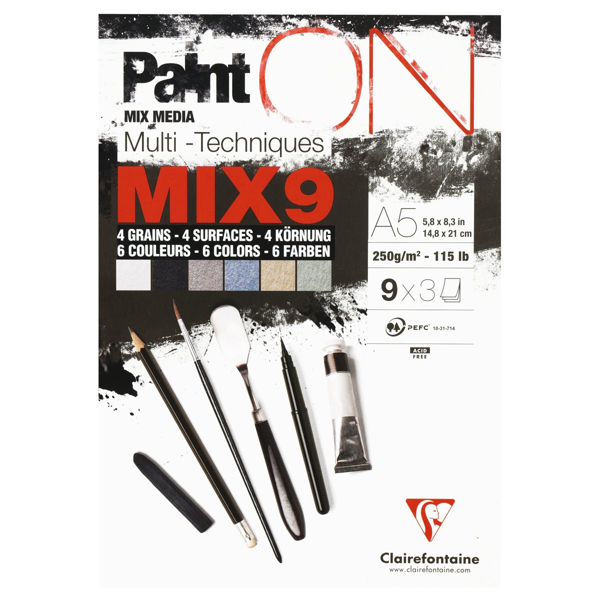 превью Скетчбук - альбом для смешанных техник 27л., А5 Clairefontaine «Paint ON», на склейке, 250г/м2, 5цветов, 4 типа поверхности