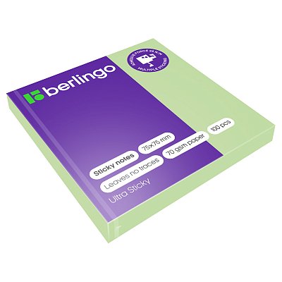 Самоклеящийся блок Berlingo «Ultra Sticky», 75×75мм, 100л, пастель, зеленый