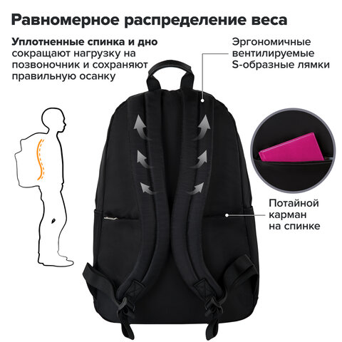 Рюкзак BRAUBERG FASHION CITY универсальный, карман-антивор, Hug me, черный, 44×31х16 см
