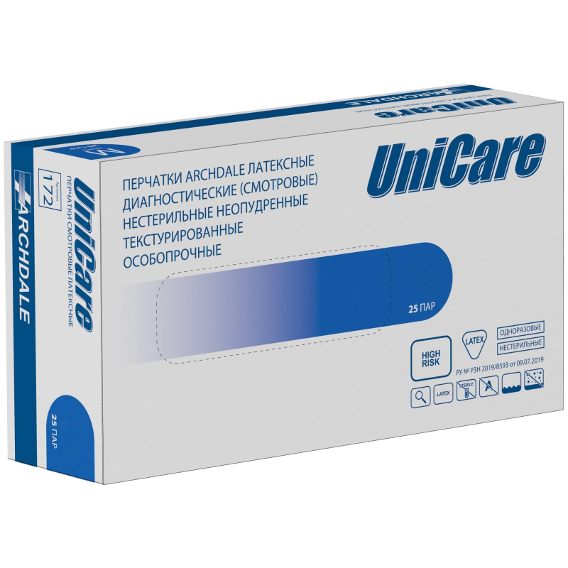 Перчатки латексные н/с, н/о UNICARE р. М (25пар/уп), ПС