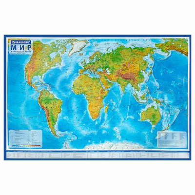 Карта мира физическая 157×107 см, 1:21.5М, с ламинацией, интерактивная, в тубусе, BRAUBERG