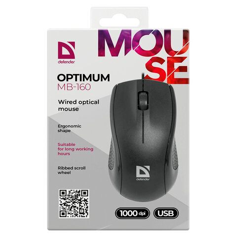 Мышь проводная DEFENDER Optimum MB-160, USB, 2 кнопки + 1 колесо-кнопка, оптическая, черная