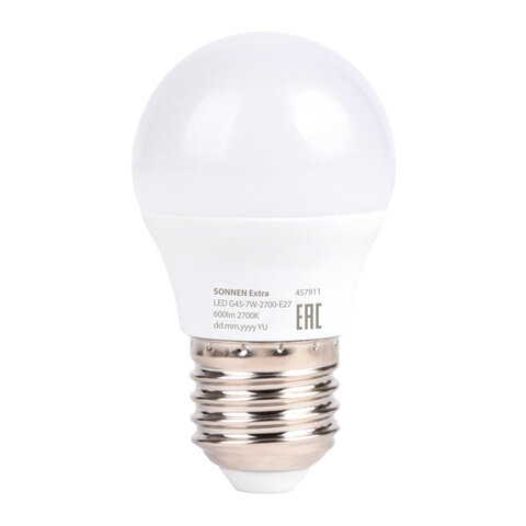 Лампа светодиодная SONNEN EXTRA, 7 (60) Вт, E27, шар, теплый белый, 30000 ч, LED G45-7W-2700-Е27
