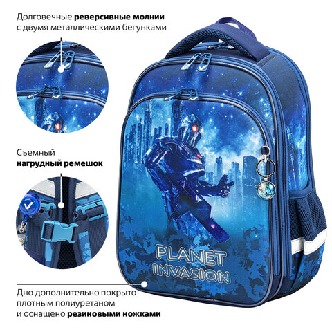Ранец BRAUBERG QUADRO, 3 отделения, с брелком, «Planet invasion», 37×28х18 см