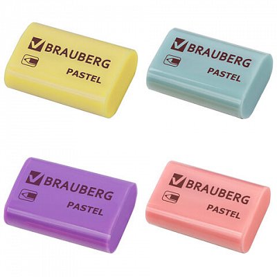 Ластик BRAUBERG «Pastel», 37×24х11мм, ассорти пастельных цветов, экологичный ПВХ