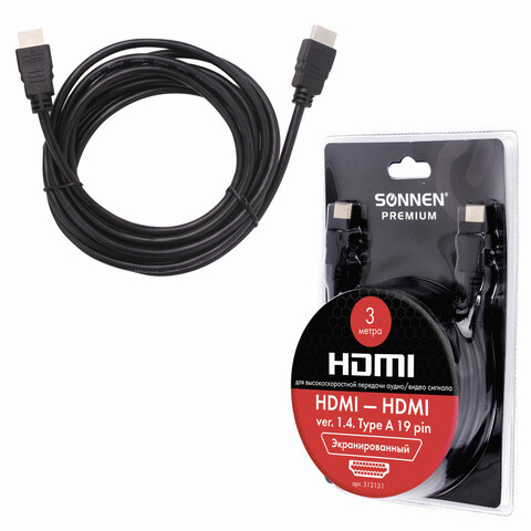 Кабель HDMI AM-AM, 3 м, SONNEN Premium, медь, для передачи аудио-видео, экранированный