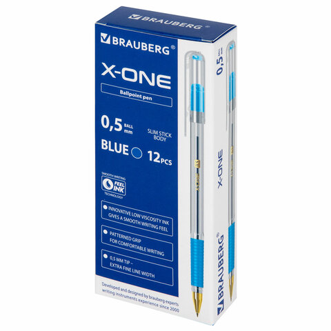 Ручка шариковая с грипом BRAUBERG «X-ONE», СИНЯЯ, корпус прозрачный, узел 0.5 мм, линия письма 0.35 мм