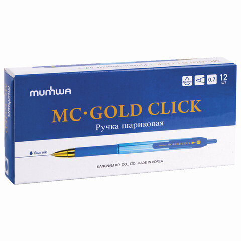 Ручка шариковая автоматическая MunHwa «MC Gold Click» синяя, 0.7мм, грип, штрих-код, корпус ассорти