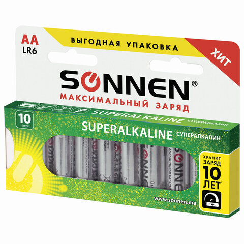 Батарейки SONNEN Super Alkaline, АА (LR06, 15А), алкалиновые, 10 шт., в коробке