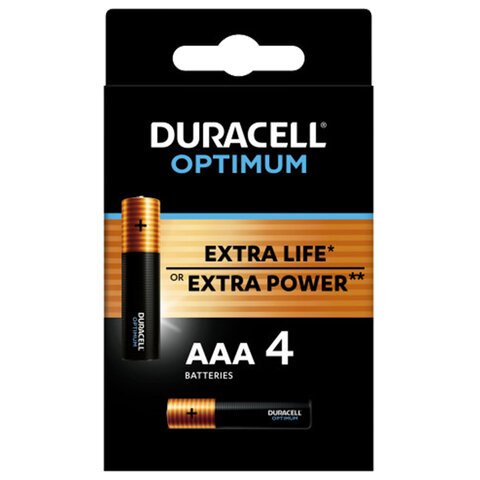 превью Батарейки КОМПЛЕКТ 4 шт., DURACELL Optimum, AAA (LR03, 24А), х30 мощность, алкалиновые, мизинчиковые