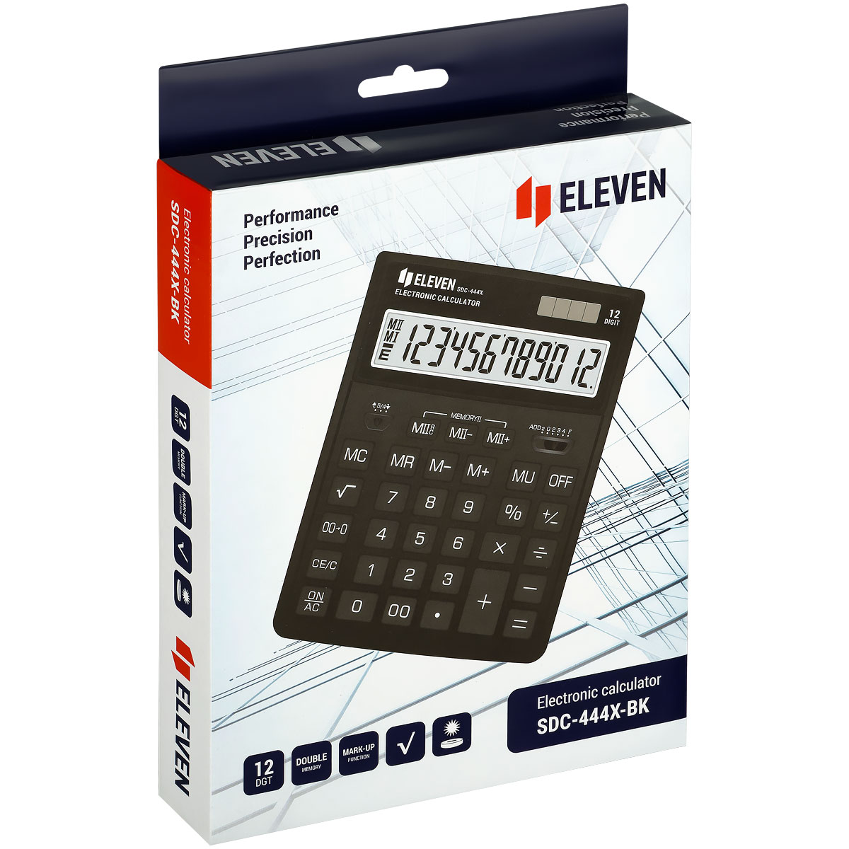 Калькулятор настольный Eleven SDC-444X-BK, 12 разрядов, двойное питание, 155×204×33мм, черный