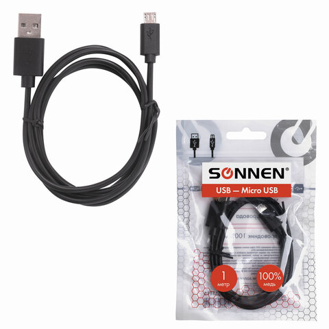 Кабель USB 2.0-micro USB, 1 м, SONNEN, медь, для передачи данных и зарядки, черный