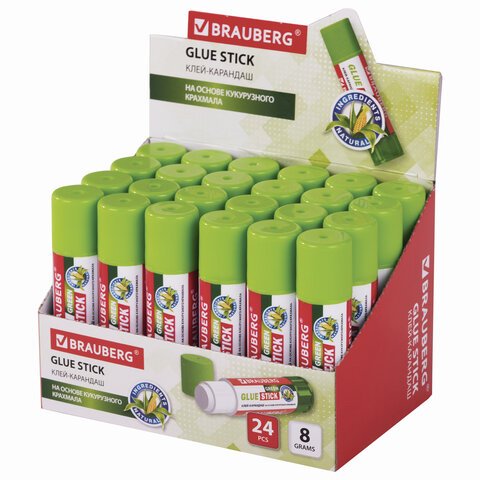 Клей-карандаш на натуральной основе BRAUBERG GREEN, 8 г