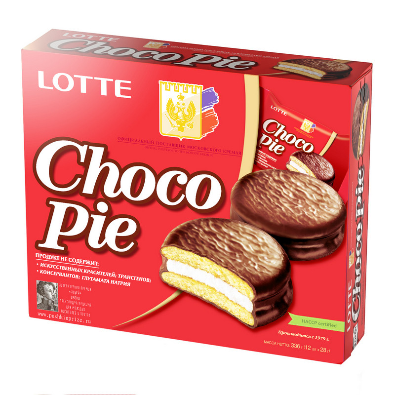 Печенье LOTTE «Choco Pie», прослоенное, глазированное, в картонной упаковке, 336 г (12 штук х 28 г)