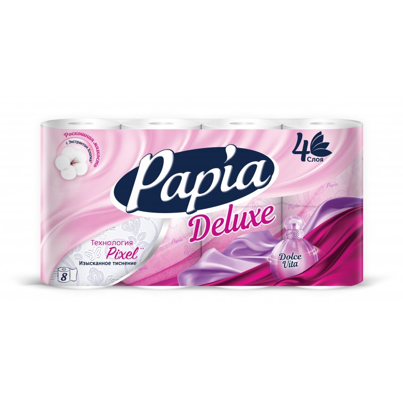 Бумага туалетная Papia Delux Dolce Vit 4-слойная белая (8 рулонов в упаковке)