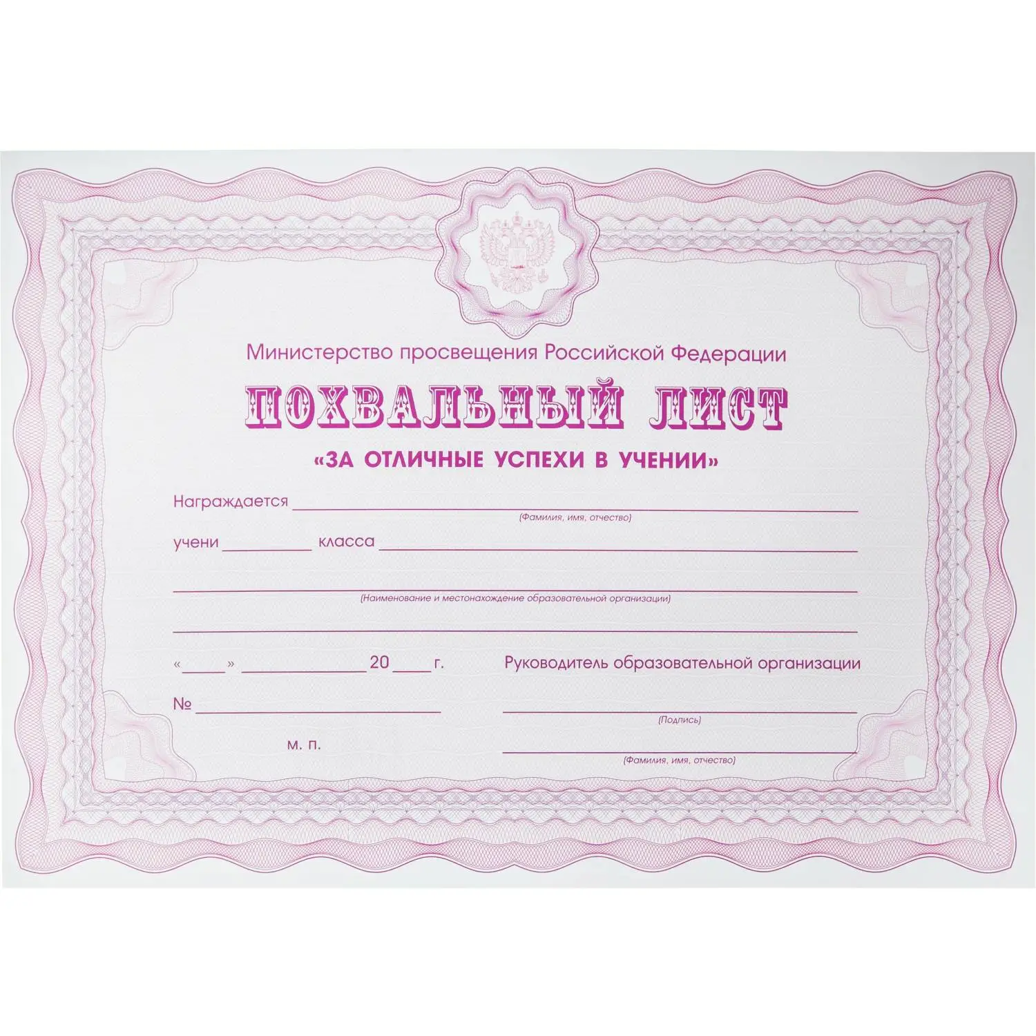 Похвальный лист За успехи в учёбе МП РФ А4 250 г/кв.м синяя рамка (10 штук в упаковке)