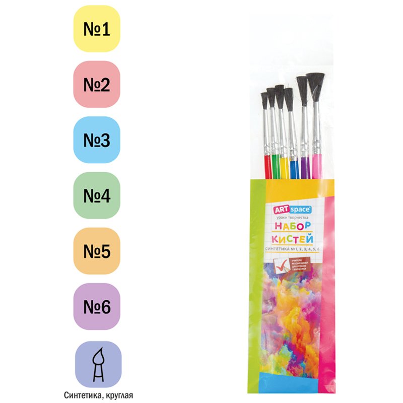 Набор кистей ArtSpace, 6шт., синтетика, круглые, № 1, 2, 3, 4, 5, 6, пакет, европодвес