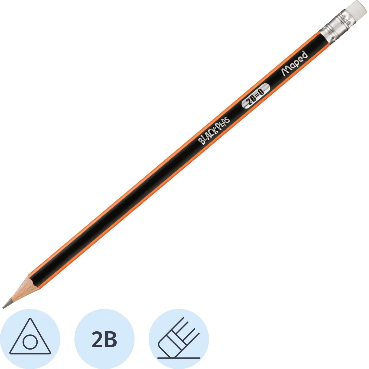 превью Карандаш чернографитный 2B с ластиком Maped Black Pep's заточенный трехгранный (851722)