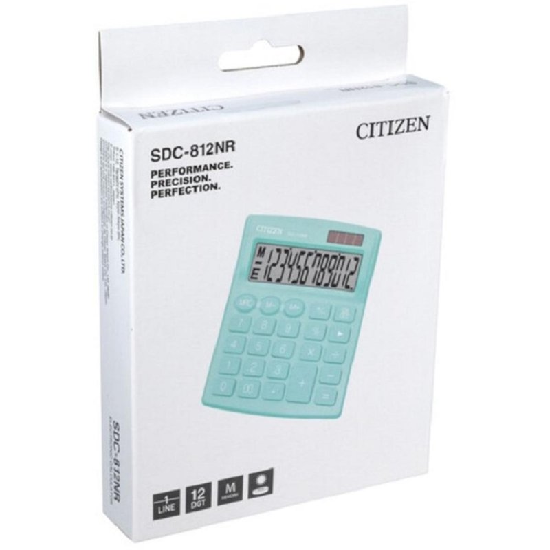 Калькулятор настольный CITIZEN SDC-812NRGNE, КОМПАКТНЫЙ (124×102 мм), 12 разрядов, двойное питание, БИРЮЗОВЫЙ