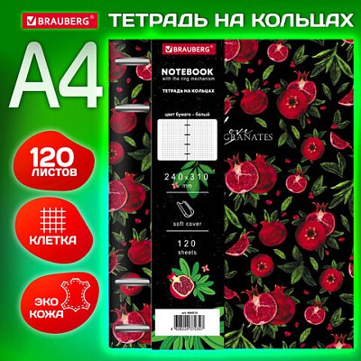 Тетрадь на кольцах БОЛЬШАЯ А4 (240×310 мм), 120 л., под кожу, BRAUBERG VISTA, «Гранаты»