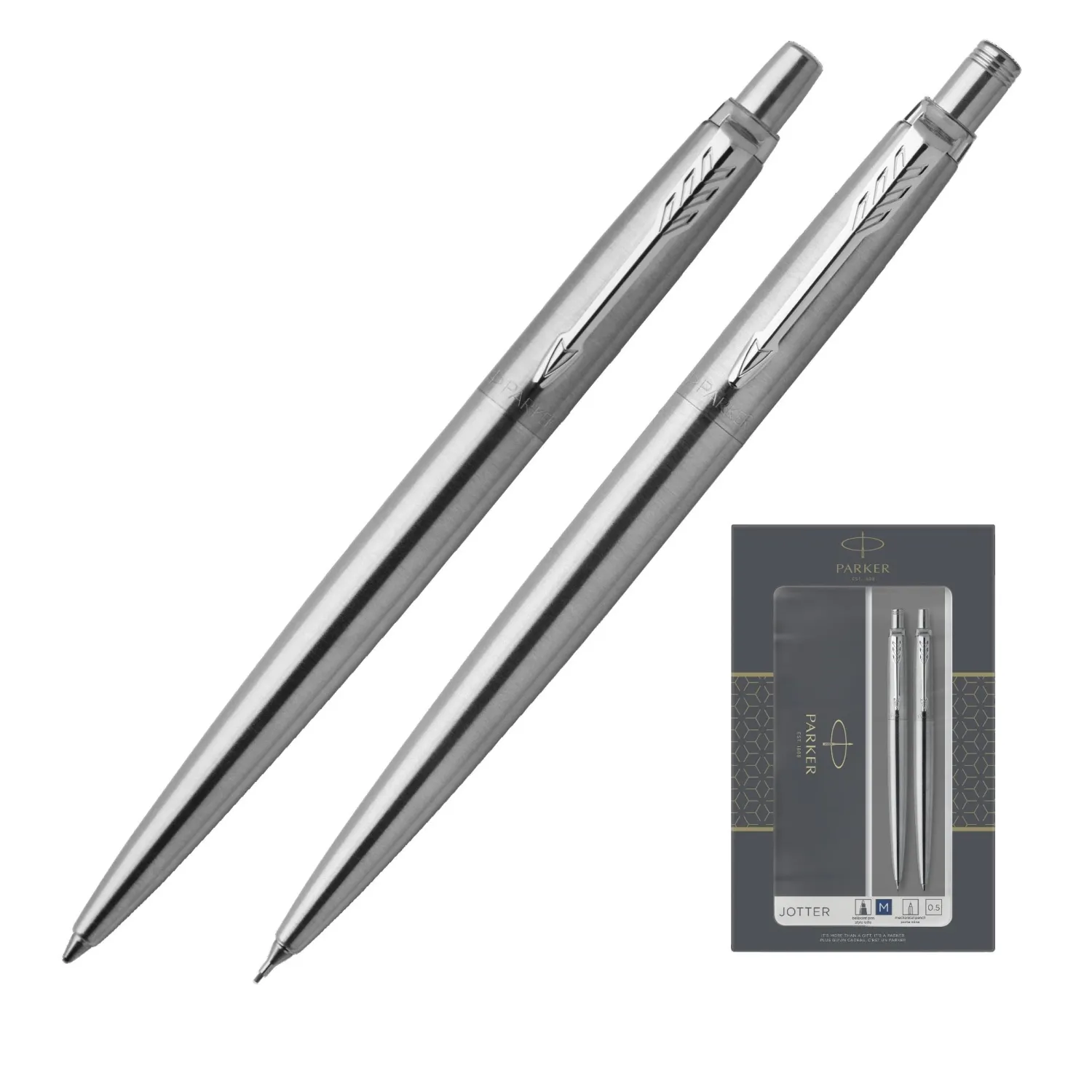 Набор пишущих принадлежностей Parker Jotter Stainless Steel (шариковая ручка, карандаш, артикул производителя 2093256)